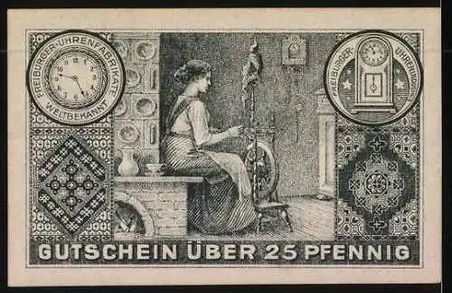 Notgeld Freiburg in Schlesien 1919, 25 Pfennig, Schloss Fürstenstein und Wappen, Frau am Spinnrad und Uhren