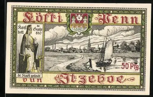 Notgeld Itzehoe 1918, 50 Pfennig, Stadtansicht mit Wappen und Stadtgründer Karl der Grosse