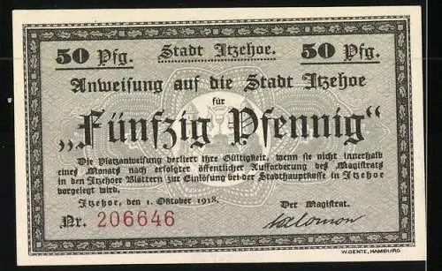 Notgeld Itzehoe 1918, 50 Pfennig, Stadtansicht mit Wappen und Stadtgründer Karl der Grosse