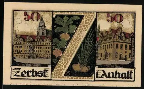 Notgeld Zerbst in Anhalt 1921, 50 Pfennig, Altes Rathaus und Neues Haus, Wappen