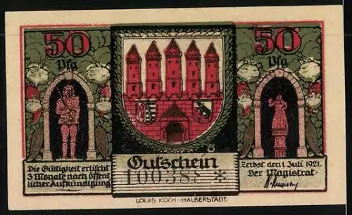 Notgeld Zerbst in Anhalt 1921, 50 Pfennig, Altes Rathaus und Neues Haus, Wappen