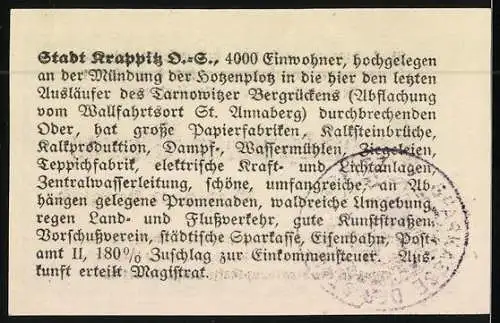 Notgeld Krappitz, 25 Pfennig, Turm mit Wappen