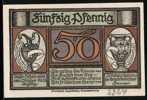 Notgeld Ilsenburg am Harz 1921, 50 Pfennig, Kunstguss und Keramik, Ortsansicht