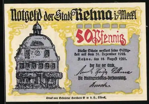 Notgeld Rehna i. Meckl. 1921, 50 Pfennig, Rathaus, Handwerker