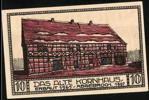 Notgeld Bitterfeld 1921, 10 Pfennig, Das alte Kornhaus, Blick zur Kirche