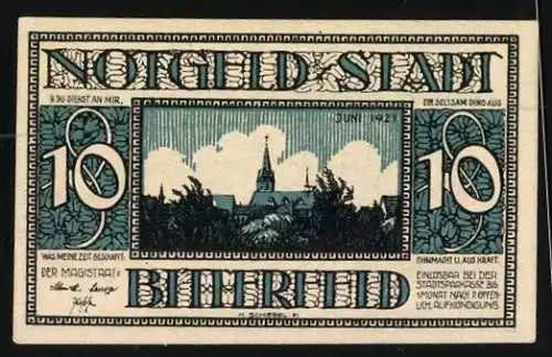 Notgeld Bitterfeld 1921, 10 Pfennig, Das alte Kornhaus, Blick zur Kirche