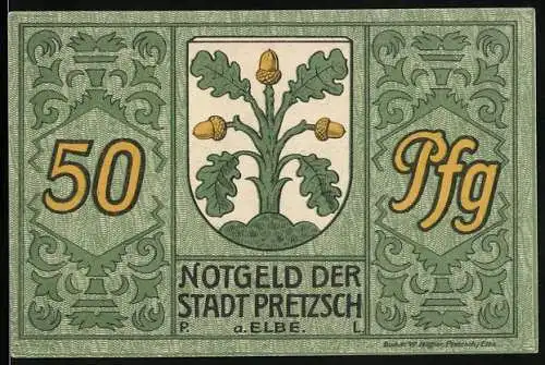 Notgeld Pretzsch a. Elbe 1921, 50 Pfennig, Wappen und Blick zum Schloss