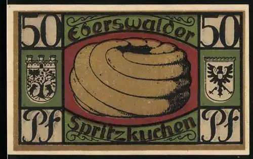 Notgeld Eberswalde 1921, 50 Pfennig, Spritzkuchen und Wappen, Gesundbrunnen