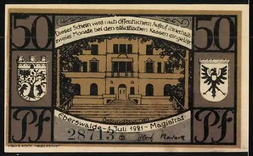 Notgeld Eberswalde 1921, 50 Pfennig, Spritzkuchen und Wappen, Gesundbrunnen