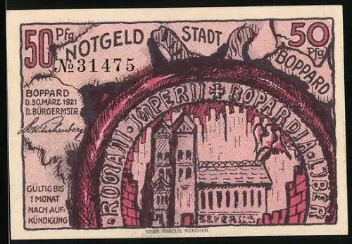 Notgeld Boppard 1921, 50 Pfennig, Kirche und Wappen