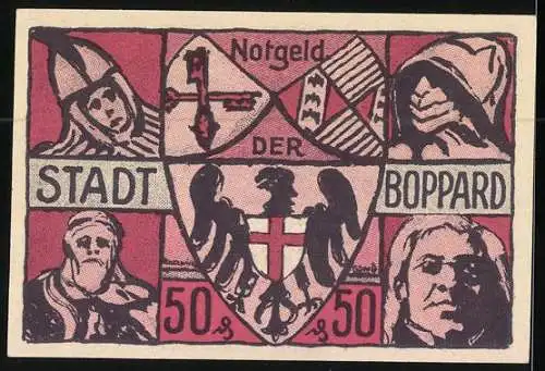 Notgeld Boppard 1921, 50 Pfennig, Kirche und Wappen