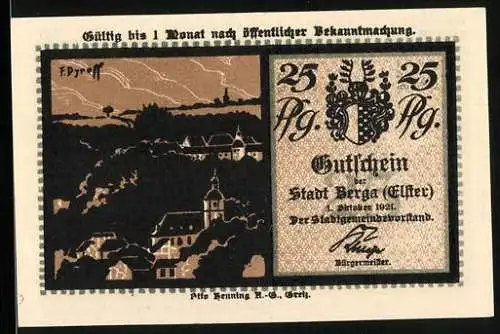 Notgeld Berga (Elster) 1921, 25 Pfennig, Ortsansicht, Der Reiter ohne Kopf