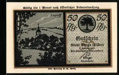 Notgeld Berga (Elster) 1921, 50 Pfennig, Teilansicht mit Kirche, Der Musikant geht spät nach Haus