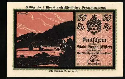 Notgeld Berga (Elster) 1921, 50 Pfennig, Blick zu einem Gehöft und Wappen, Hammermichel narrt die Diebe