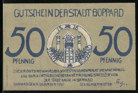Notgeld Boppard 1920, 50 Pfennig, Wappen und Stadtansicht