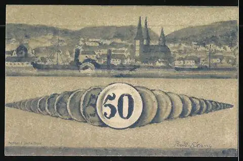 Notgeld Boppard 1920, 50 Pfennig, Wappen und Stadtansicht