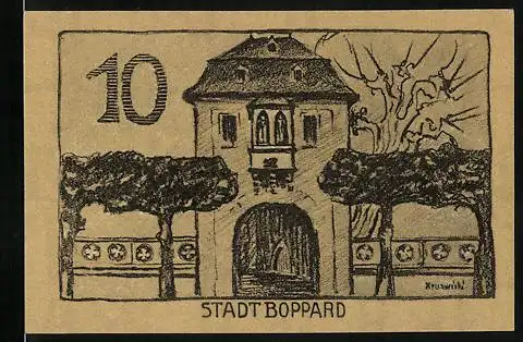 Notgeld Boppard 1920, 10 Pfennig, Ortspartie und Wappen