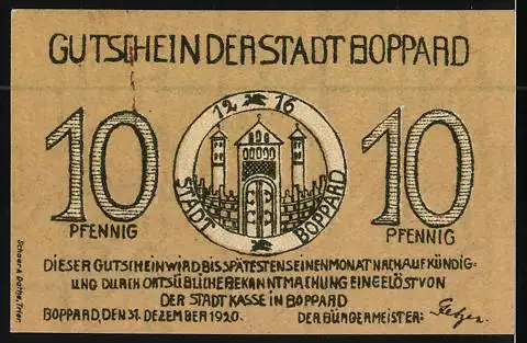 Notgeld Boppard 1920, 10 Pfennig, Ortspartie und Wappen
