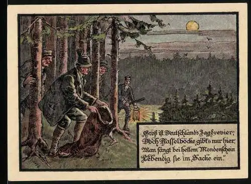 Notgeld Blankenhain i. Thür., 1 Mark, Jäger im Jagdrevier jagen Rasselböcke, Wappen