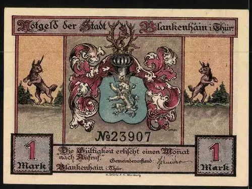 Notgeld Blankenhain i. Thür., 1 Mark, Jäger im Jagdrevier jagen Rasselböcke, Wappen