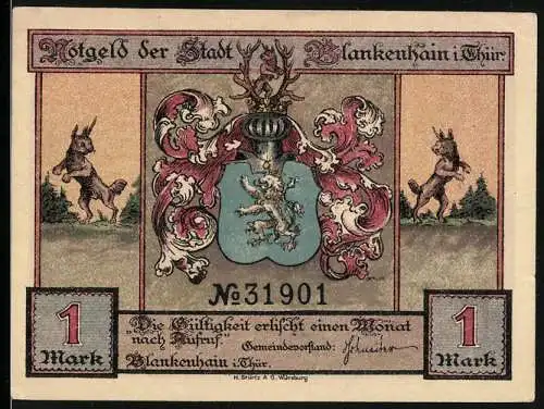 Notgeld Blankenhain i. Thür., 1 Mark, Jäger im Jagdrevier jagen Rasselböcke, Wappen