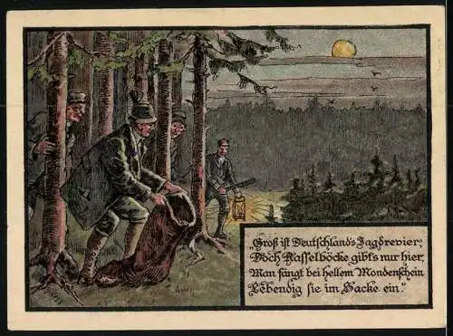 Notgeld Blankenhain i. Thür., 1 Mark, Jäger im Jagdrevier jagen Rasselböcke, Wappen