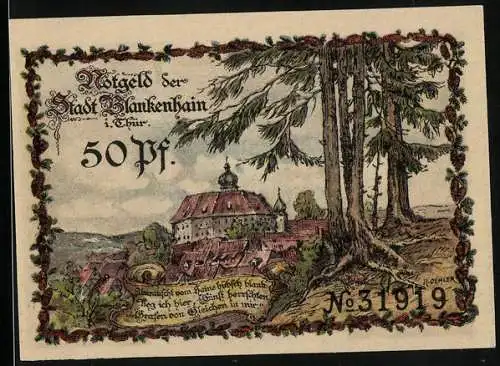 Notgeld Blankenhain i. Thür., 50 Pfennig, Wappen und Töpfer, Blick zum Schloss