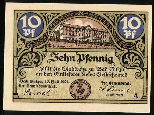 Notgeld Bad Sulza i. Thüringen 1921, 10 Pfennig, Technikum, Rathaus mit Weinbergen