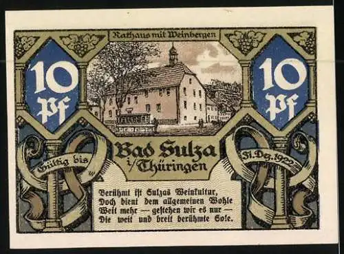 Notgeld Bad Sulza i. Thüringen 1921, 10 Pfennig, Technikum, Rathaus mit Weinbergen