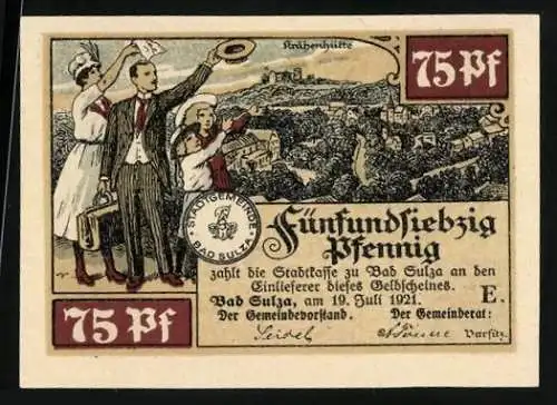 Notgeld Bad Sulza i. Thür. 1921, 75 Pfennig, Familie beim Winken mit Blick zur Krähenhütte, Blick auf die Gradierwerke