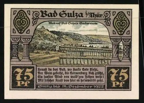 Notgeld Bad Sulza i. Thür. 1921, 75 Pfennig, Familie beim Winken mit Blick zur Krähenhütte, Blick auf die Gradierwerke