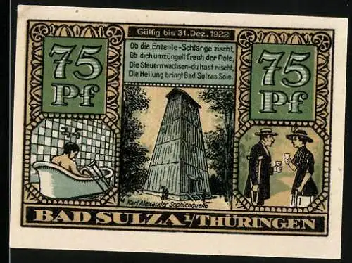 Notgeld Bad Sulza i. Thür. 1921, 75 Pfennig, Karl Alexander Sophienquelle, Sanitas
