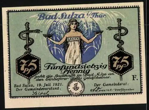 Notgeld Bad Sulza i. Thür. 1921, 75 Pfennig, Karl Alexander Sophienquelle, Sanitas
