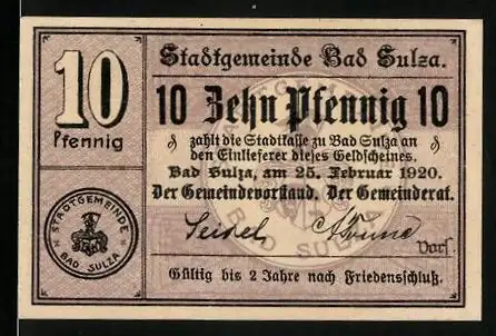 Notgeld Bad Sulza i. Thür. 1920, 10 Pfennig, Blick zur Sonnenburg