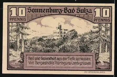 Notgeld Bad Sulza i. Thür. 1920, 10 Pfennig, Blick zur Sonnenburg