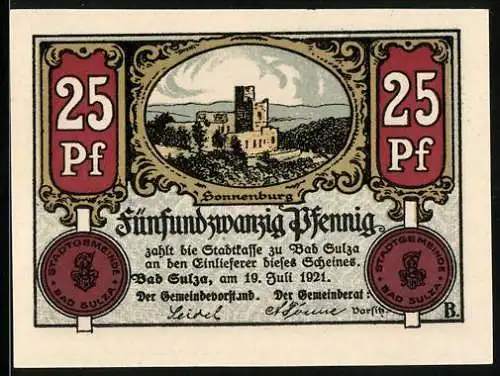 Notgeld Bad Sulza i. Thür. 1921, 25 Pfennig, Blick zur Sonnenburg, Der Ärmste im Krankenstuhl