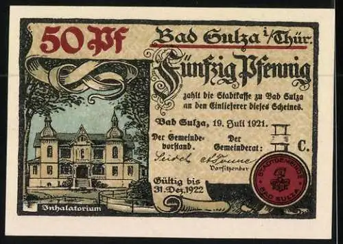 Notgeld Bad Sulza i. Thür. 1921, 50 Pfennig, Familie vor der Trinkhalle, Inhalatorium