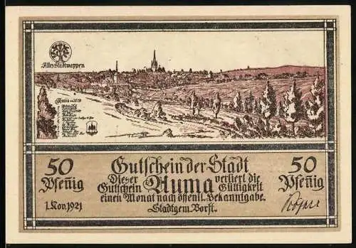 Notgeld Auma i. Thür. 1921, 50 Pfennig, Stadtansicht von 1628, Wappen