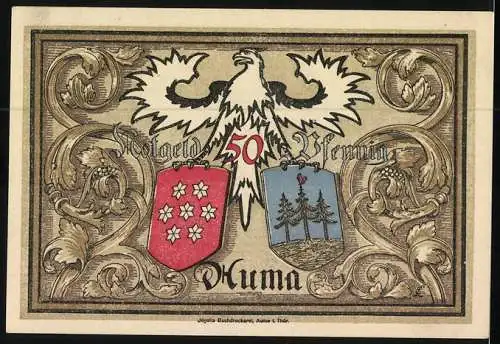 Notgeld Auma i. Thür. 1921, 50 Pfennig, Arbeiter und Sämann, Ortspartie, Wappen