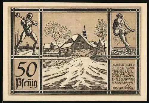 Notgeld Auma i. Thür. 1921, 50 Pfennig, winterliche Ortspartie, Arbeiter und Sämann, Wappen