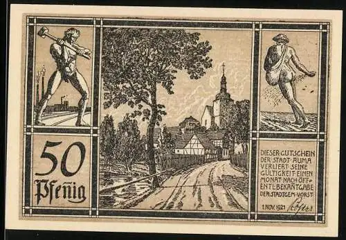 Notgeld Auma i. Thür. 1921, 50 Pfennig, Strassenpartie zur Kirche, Arbeiter und Sämann, Wappen