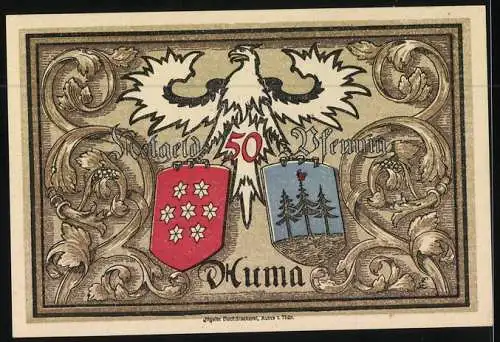 Notgeld Auma i. Thür. 1921, 50 Pfennig, Strassenpartie zur Kirche, Arbeiter und Sämann, Wappen