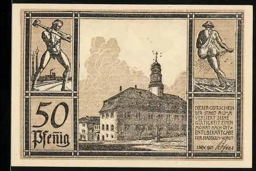Notgeld Auma i. Thür. 1921, 50 Pfennig, Rathaus, Arbeiter und Sämann, Wappen