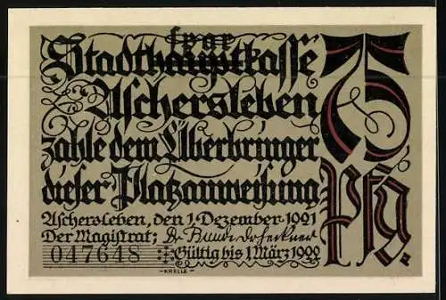 Notgeld Aschersleben 1921, 75 Pfennig, Bestehornstrasse