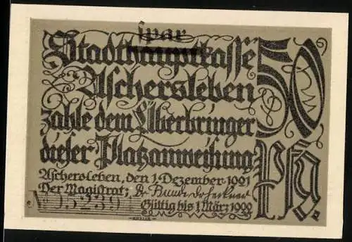 Notgeld Aschersleben 1921, 50 Pfennig, Mann errichtet Fanggürtel an Bäumen gegen Maden