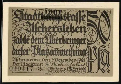 Notgeld Aschersleben 1921, 50 Pfennig, Mann spritzt den Obstbaum gegen Maden