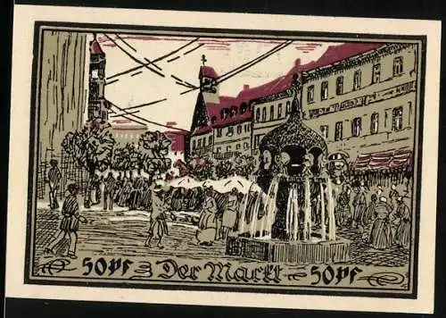 Notgeld Aschersleben 1921, 50 Pfennig, Der Markt mit Brunnen