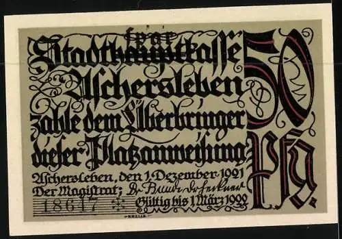 Notgeld Aschersleben 1921, 50 Pfennig, Der Markt mit Brunnen