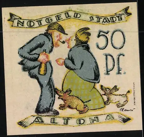 Notgeld Altona 1921, 50 Pfennig, älteres Pärchen mit Hunden