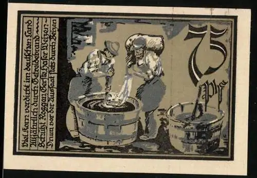 Notgeld Aschersleben 1921, 75 Pfennig, Männer beim Beizen von Getreide